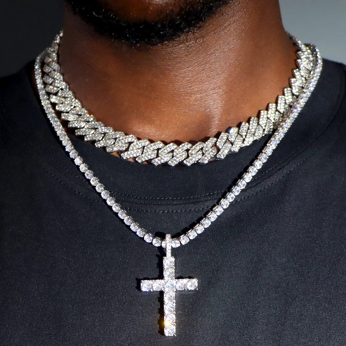 Cross Tennis Chain 14mm + Cuban Necklace