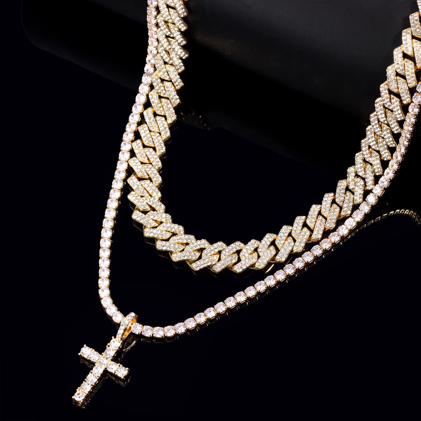 Cross Tennis Chain 14mm + Cuban Necklace